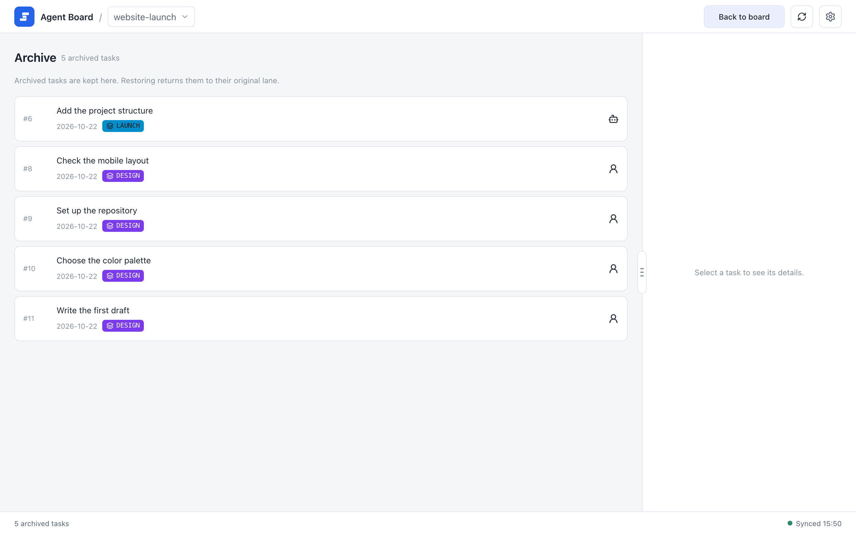 Archive screen listing five archived tasks with a Back to board button