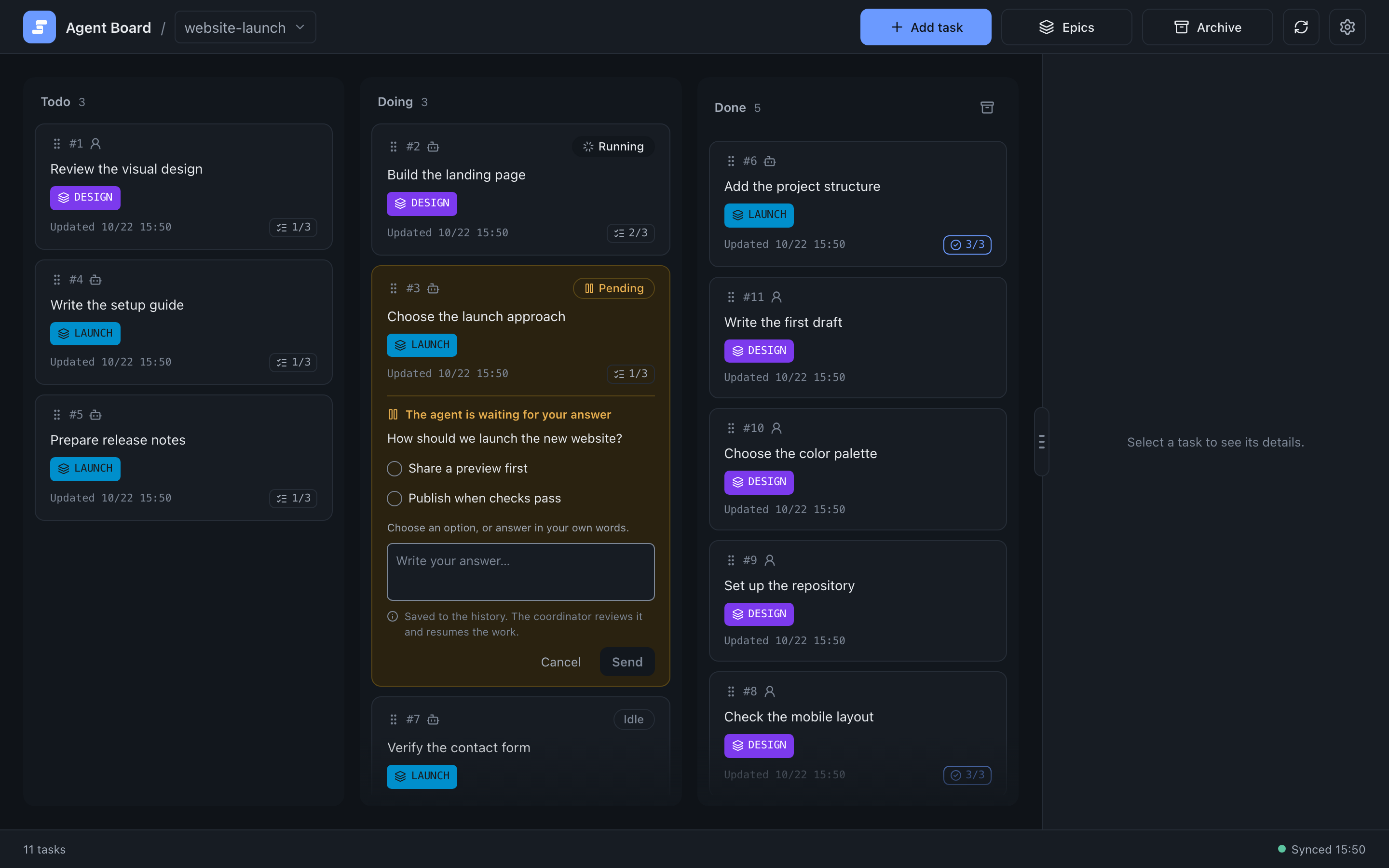 The board in a dark theme