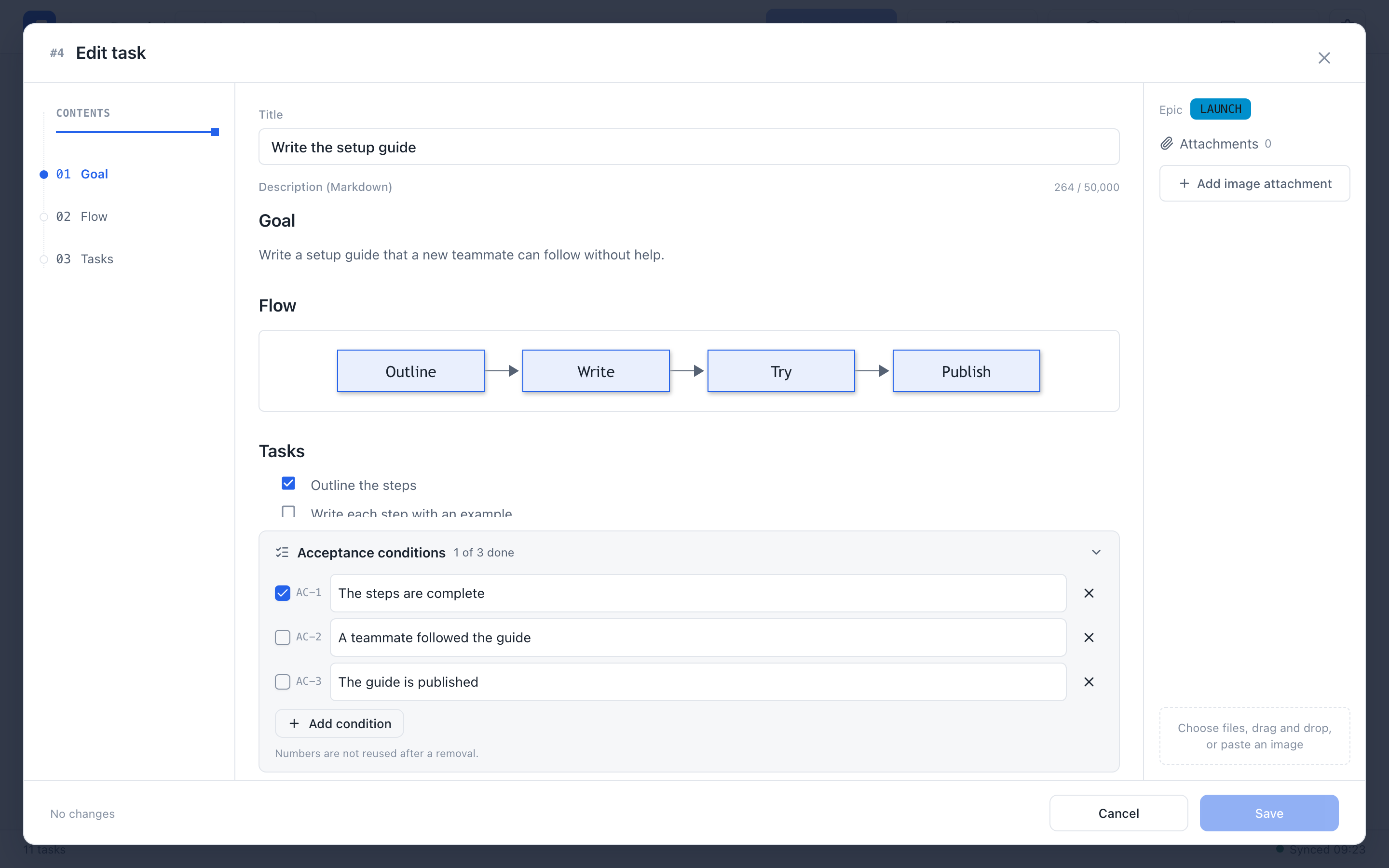 The task editor with a table of contents, a Mermaid diagram, task list, and the acceptance panel expanded