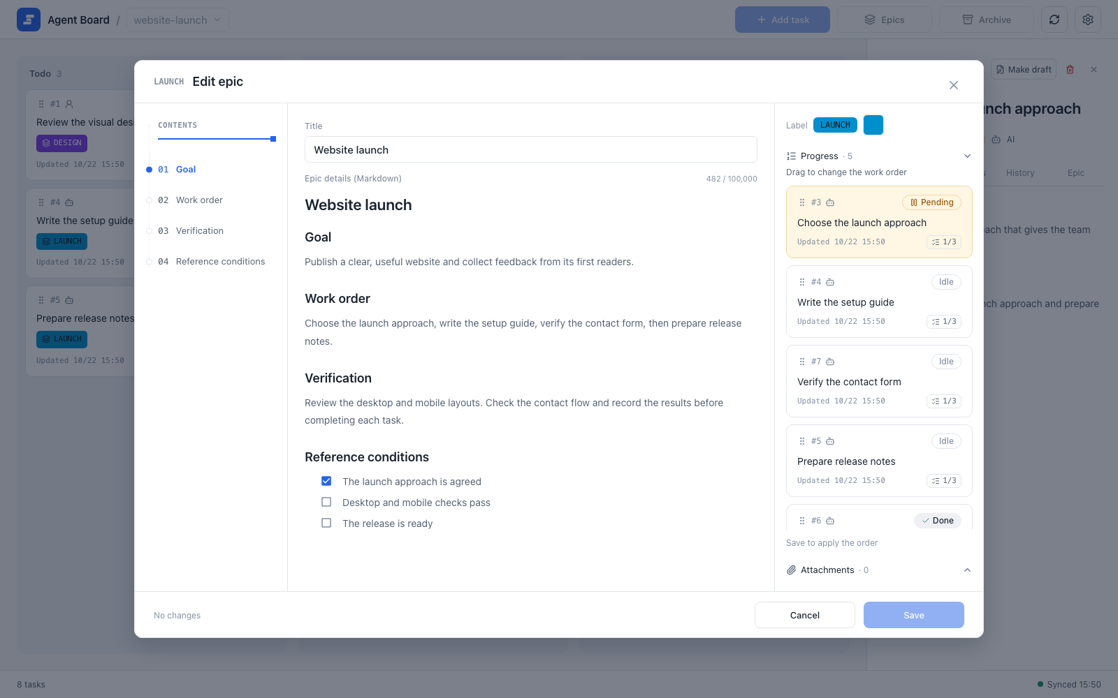 Epic editor with a scrollable task progress panel and a full-height Markdown editor for the details