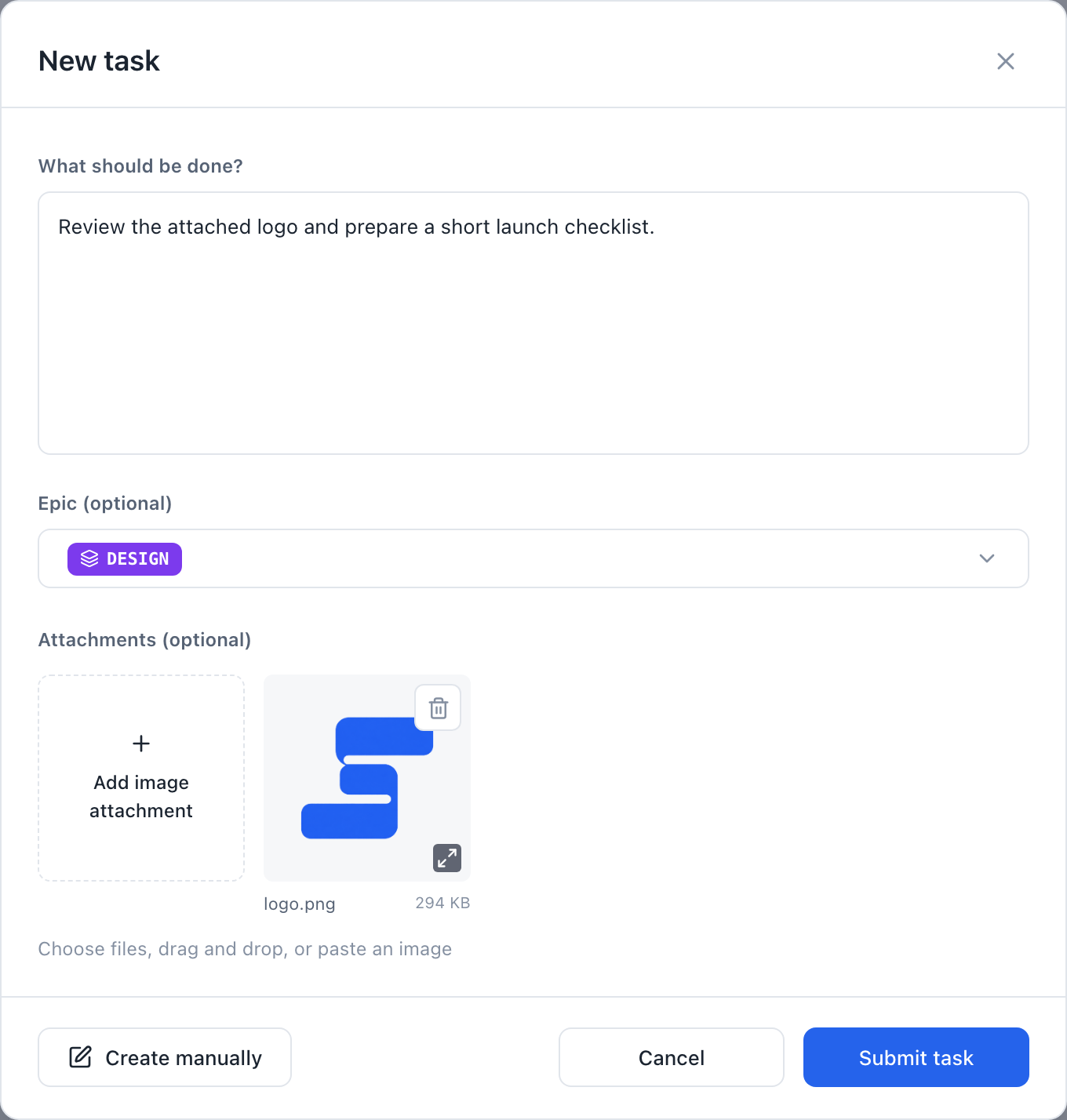 Short task request form with an epic selected and an image attached